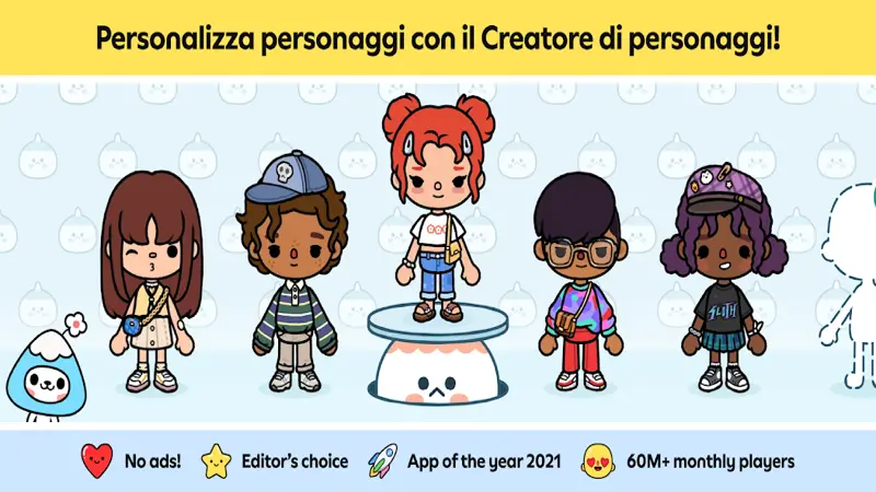 Due scene create in Toca Boca World: un'aula scolastica e un salotto con un set da ripresa video