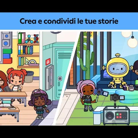 Due ambienti creati in Toca Boca World, un'aula e un salotto con attrezzatura video